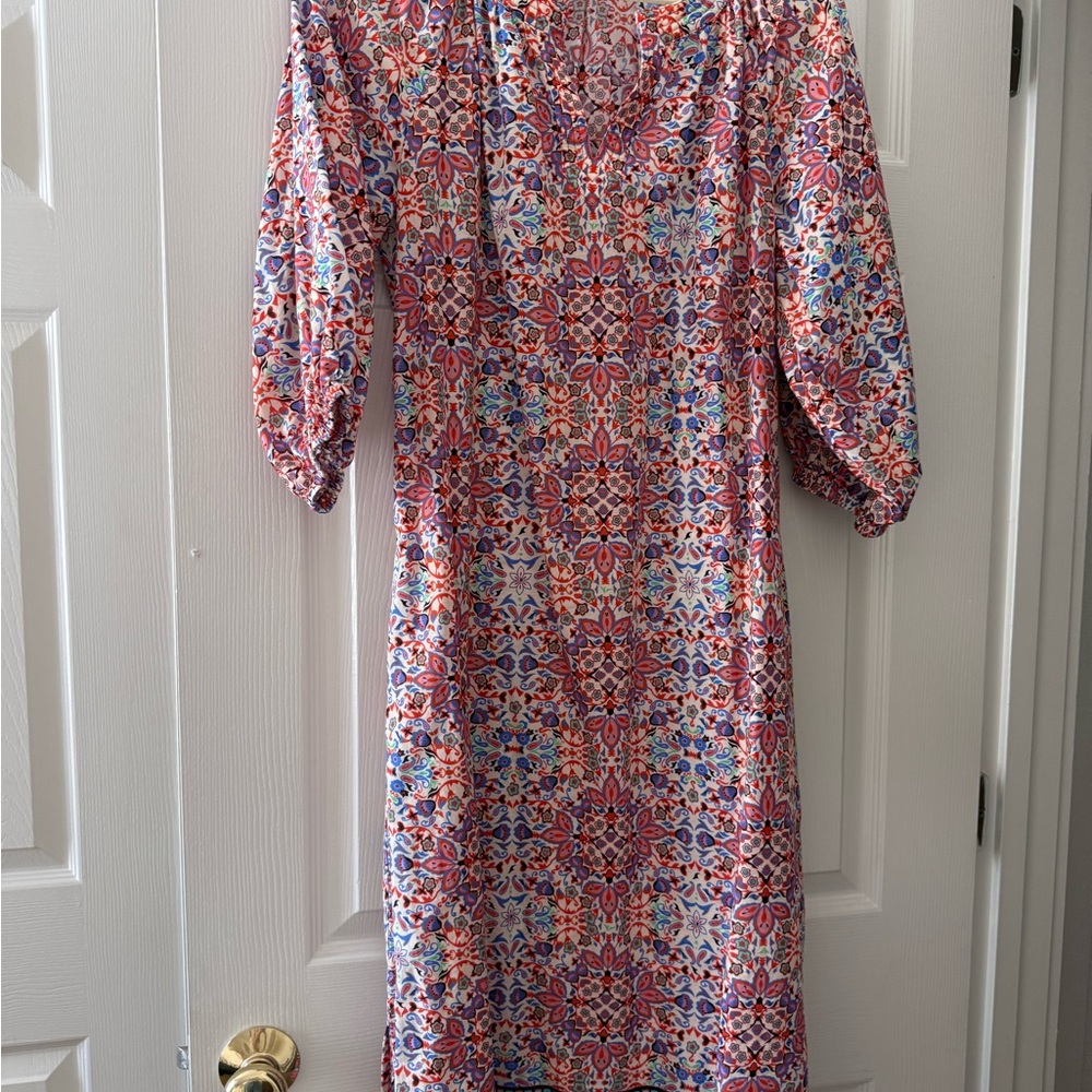 ANN MASHBURN Red and Blue Patterned Long Sleeve Dress